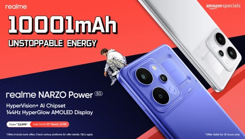 Realme đã ra mắt Narzo Power 5G, được trang bị pin dung lượng 10 001 mAh và giá bán 305 đô la.